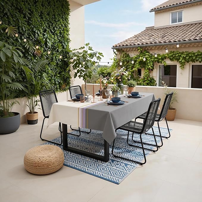 Vinyl Tablecloth 55x78 Rectangle, Heavy Duty Thick PVC Table Cover 100% Waterproof Oil-Proof, Easy Clean Wipeable Table Protector for Kitchen Dining Outdoor Picnic Party, Beige Grey Geometric Stripe