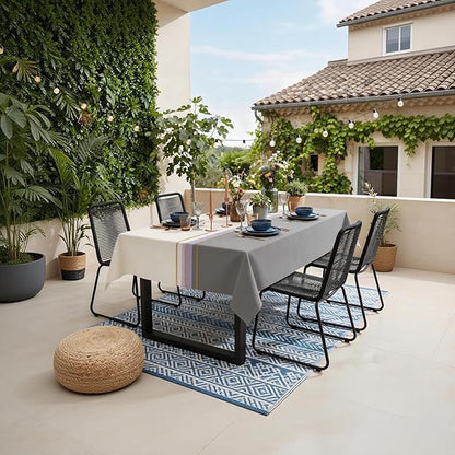 Vinyl Tablecloth 55x108 Rectangle, Heavy Duty Thick PVC Table Cover 100% Waterproof Oil-Proof, Easy Clean Wipeable Table Protector for Kitchen Dining Outdoor Picnic Party, Beige Grey Geometric Strip