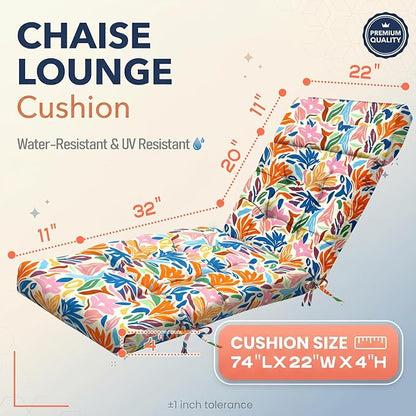MAGIC ELEPHANT Chaise Lounge Cushion Outdoor, Memory Foam Patio Lounge Chair Cushion with Ties for Outdoor Furniture, 74 x 22 x 4 Inch (Multicolor Leaves)