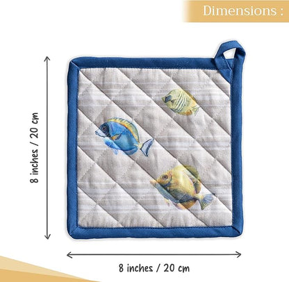 Maison d' Hermine Pot Holders 100% Cotton Heat Resistant Potholders 8" x 8" Hot Pads with Loop BBQ Cooking Baking Hotel Farmhouse Kitchen Handling Hot Pans Spring Summer (Pack of 1, Poisson)