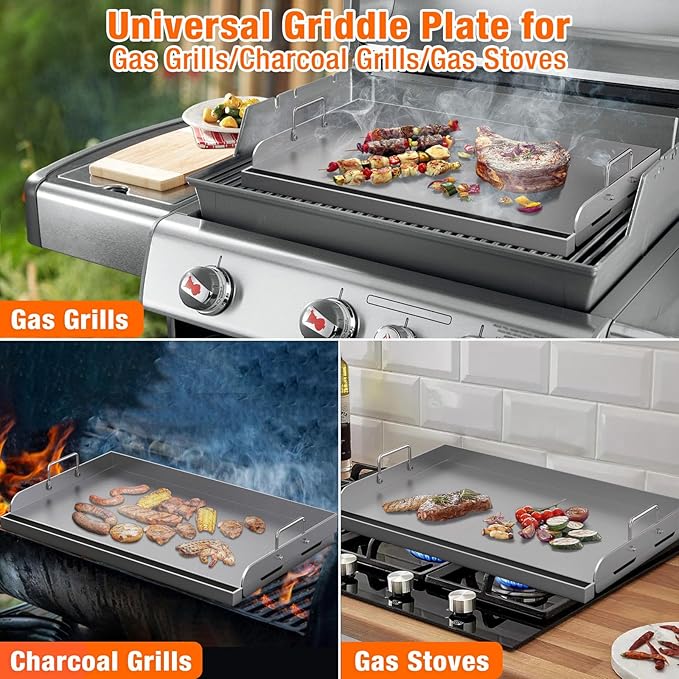 Griddle for Gas Grill, 25"x 16” Universal Fry Pan Metal Flat Top Griddle Plate for Gas Stove/Charcoal/Electric/Gas Grill, Large Stove Top Griddle Insert for Camping, Tailgating and Parties
