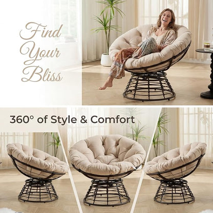 Cushion Papasan Swivel Chair, Ergonomic Wicker Round Chair with Thick Padding, Oversized Swivel Wicker Accent Chairs for Living Room, Bedroom, Reading Room, Balcony, Brown Frame, Beige