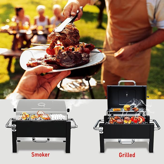 BBQCuker Portable Charcoal Grill with Warming Rack, Tabletop Charcoal Grill, Small BBQ Grill with Thermometer(100-800°F), Outdoor Charcoal Smoker for Camping, Picnic, Hiking, Beach and Travel