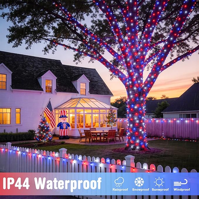JMEXSUSS 250 LED Red White and Blue Lights for 4th of July Decorations - 91.5ft Connectable Patriotic Lights Outdoor Waterproof with 8 Modes for Home Yard Patio Party Decor