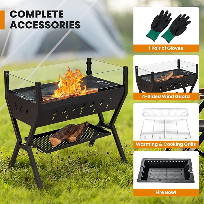 Giantex Charcoal Grill with Transparent Glass Wind Guard, Heavy Duty BBQ Grill Campfire Pit, Fire Bowl, Side Spice Racks, Bottom Storage Shelf, for Outdoor Cooking Backyard Barbecue Party