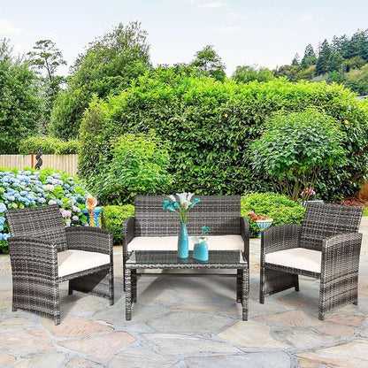 Tangkula 4 PCS Wicker Patio Conversation Set, Outdoor Rattan Sofas with Table Set, Patio Furniture Set with Soft Cushions & Tempered Glass Coffee Table for Poolside Balcony