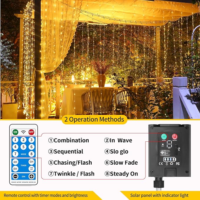 Solar Curtain Lights Outdoor Waterproof 10 * 10Ft 300LED Waterfall Light with 8 Modes Remote Rechargeable Dimmable Hanging Twinkle Fairy String Lights for Outside Christmas Gazebo Party Wedding