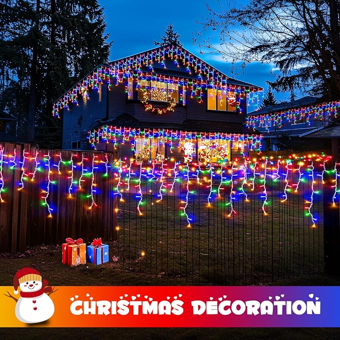 JMEXSUSS 800 LED Christmas Icicle Lights Outdoor Plug in | Multicolor Waterproof, 8 Modes with 160 Drops for House Holiday Party Eave Christmas Decorations
