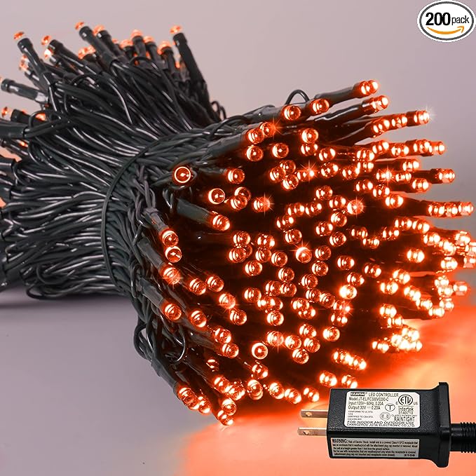 YEGUO 66ft 200 LED Orange String Lights Outdoor Waterproof, Green Wire Christmas Lights Indoor, 8 Modes Twinkle Lights for Christmas Tree Plug in with Timer Memory