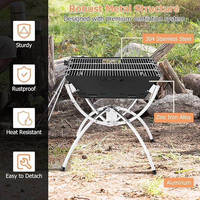 Giantex Folding Campfire Grill, Camping Grill with Stainless Steel Grates, Collapsible Aluminum Legs, Carry Bag, Portable Firewood Barbecue Grill for Backpacking Road Trips Outdoor Cooking
