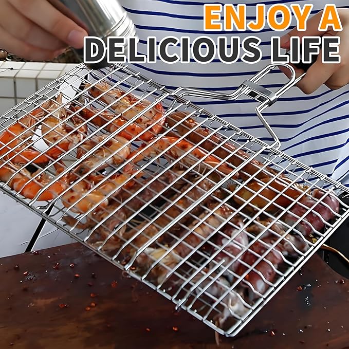 Fish & Vegetable Grill Basket,Portable Stainless Steel BBQ Grill Basket,Folding Outdoor Camping BBQ Rack for Fish, Shrimp, Vegetables, Barbeque Griller Cooking Accessories (Silver)