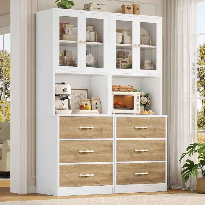 71“ Tall Kitchen Pantry Storage Cabinet with Microwave Stand, Buffet Kitchen Hutch with Shelves and Drawers, Wood Coffee Bar Pantry Cabinet with Glass Doors, for Dining Room/Small Space, Khaki