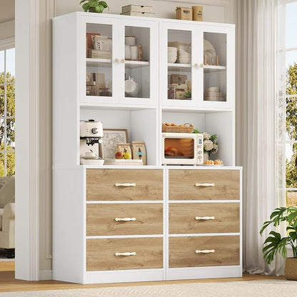 71“ Tall Kitchen Pantry Storage Cabinet with Microwave Stand, Buffet Kitchen Hutch with Shelves and Drawers, Wood Coffee Bar Pantry Cabinet with Glass Doors, for Dining Room/Small Space, Khaki