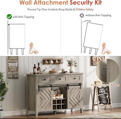 CABIHOME Farmhouse 47.2'' Buffet Cabinet with Sliding Barn Door, 33.4'' Tall Wood Rustic Sideboard with 3 Drawer, Adjustable Shelf and Removable Wine Rack (Vintage, 47.2'')