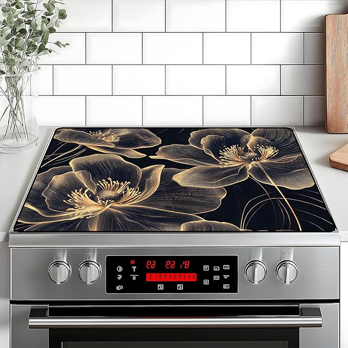 Stove Top Cover Retro Flower Gas Stove Top Cover for Home Decoration Kitchen Pad Non-Stick Washable Cooktop Covers Countertop Protector Keep Stove Clean 28"x20" (Golden border flower)