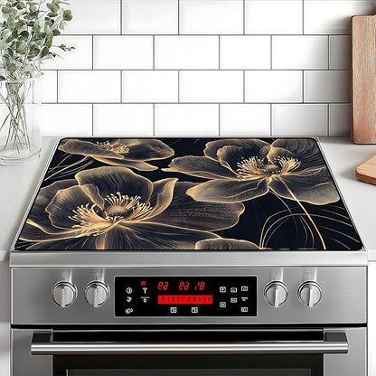 Stove Top Cover Retro Flower Gas Stove Top Cover for Home Decoration Kitchen Pad Non-Stick Washable Cooktop Covers Countertop Protector Keep Stove Clean 28"x20" (Golden border flower)