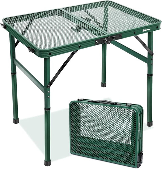 Small 2ft Folding Table with Carry Handle, Adjustable Height 10.6" or 22", Green Metal Mesh, Portable & Compact Indoor/Apartment/Card/Side/Grill Table, 23.6"Lx15.8"W, Lightweight 4 lb, 66 lb Capacity