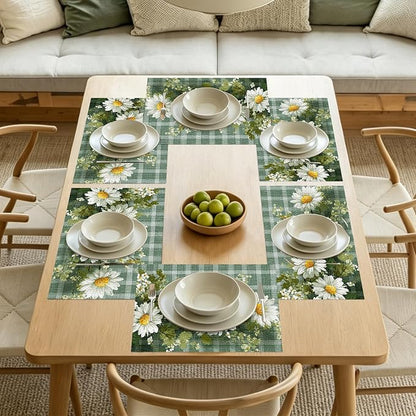Nuxovilar Tablerunner and Placemats Set of 7 Green Plaid with Daisy Decor Linen Square Placemats for Dining Dining Sets and Accessories Outdoor Picnic, Patio Dinner, Daily Meals