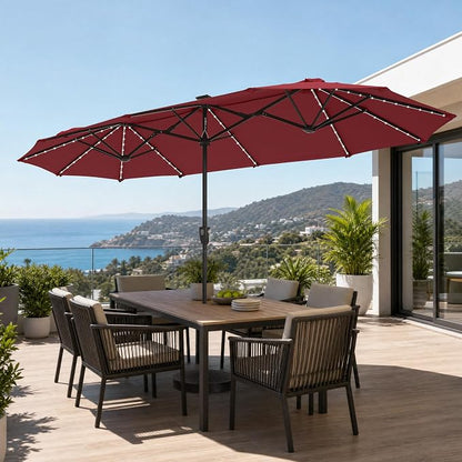 GREEN PARTY 13ft Patio Umbrella with Led Lights, Rectangle Outdoor Umbrella | 12-Mode Solar Lights, Double-Sided Rectangular table Umbrella, Large Shade for Backyard Deck Poolside, Burgundy(No Base)