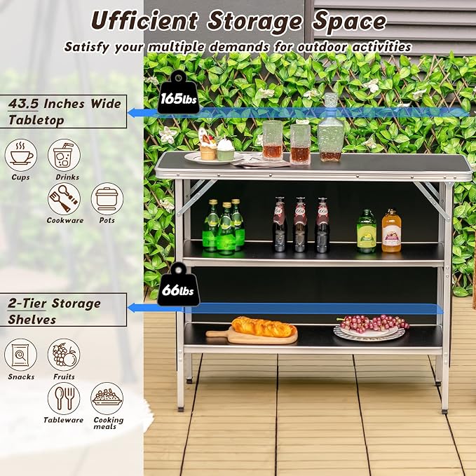 GIANTEX Portable Bar Table for Events, Folding Mobile Bartending Station with Storage Shelves, Removable Privacy Skirt, Carrying Case, for Parties, Catering, Trade Shows (Black, 43.5''L x 34.5''H)