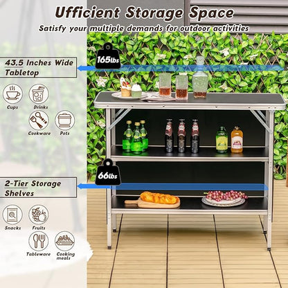 GIANTEX Portable Bar Table for Events, Folding Mobile Bartending Station with Storage Shelves, Removable Privacy Skirt, Carrying Case, for Parties, Catering, Trade Shows (Black, 43.5''L x 34.5''H)