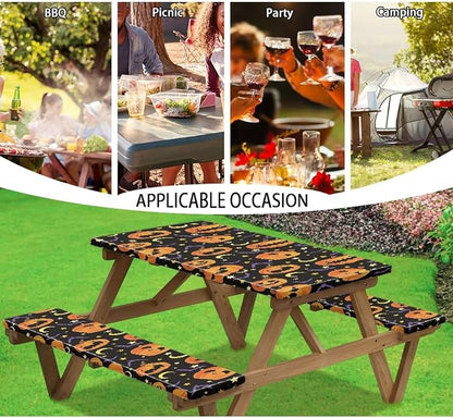 Picnic Table Cover with Bench Covers 3 PCS for Outdoor BBQ Camping Halloween Pumpkin Bat Camping Tablecloth with Elastic Band