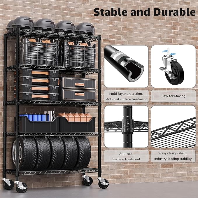 M MZG 5-Shelf Storage Shelves,Wire Shelving Heavy Duty Metal Storage Shelving Unit Adjustable Garage Shelving Rack Pantry Kitchen (Black, 5 Tier,17.7" D x 47.2" W x 76.7" H) (Pack of 2)