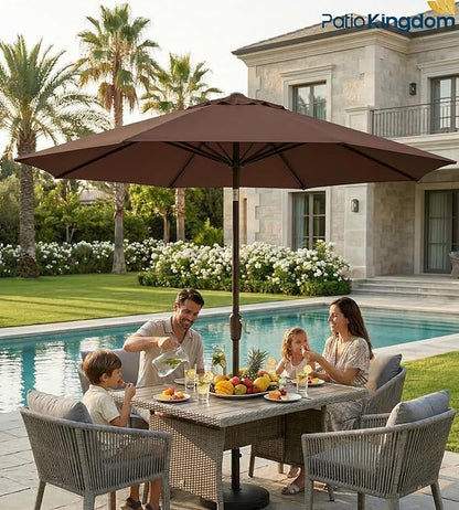 PatioKingdom 9FT Patio Outdoor Umbrella-UPF 50+ Sun Shade with Wind Vent, Push-Button Tilt & Smooth Crank Lift, Rust-Resistant Fiberglass Frame for Garden, Backyard,Yard (Brown)