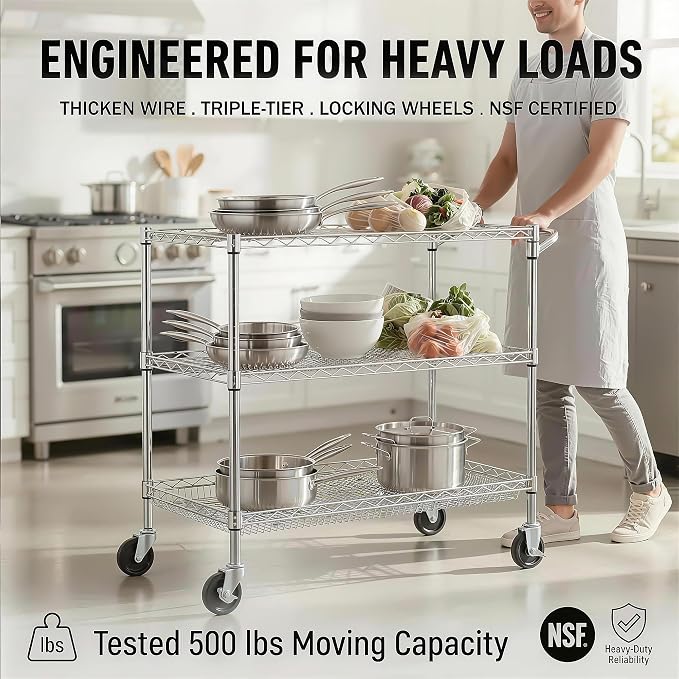 Finnhomy 3 Tier Heavy Duty Commercial Grade Utility Cart, Wire Rolling Cart with Handle Bar, Steel Service Cart with Wheels, Kitchen Carts on Wheels, Metal Cart Shelf Size 24" D x 36" W, NSF, Chrome