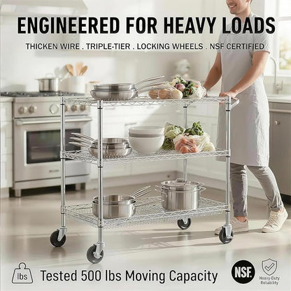 Finnhomy 3 Tier Heavy Duty Commercial Grade Utility Cart, Wire Rolling Cart with Handle Bar, Steel Service Cart with Wheels, Kitchen Carts on Wheels, Metal Cart Shelf Size 24" D x 36" W, NSF, Chrome