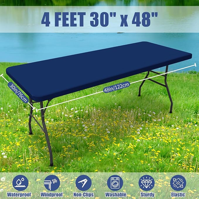 Moosfor 2 Pack Rectangle Spandex Fitted Table Cloth, 4FT Elastic Tablecloth | Washable Picnic Table Cover, Stretch Waterproof Table cloths for Party, Patio, Dining, Kitchen, 30" x 48", Navy