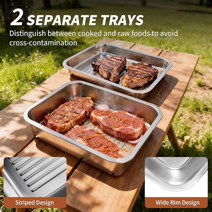 ENLOY 9-in-1 Grilling Prep and Serve Trays Set, Stainless Steel Large Capacity Food Prep Tray, Marinade Container with Lid and Cutting Board & 2 Food Tongs, Cleaning Cloth & 2 Gloves for Pickling Food