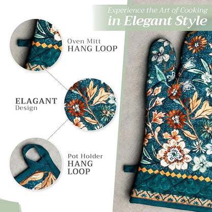 Maison d' Hermine 100% Cotton Oven Mitt & Pot Holder Set (7.5"x13" & 8"x8") Heat Resistant Cooking Gloves with Loop for Thanksgiving Christmas Decorations Handling Hot Pans (Luxury Loft - Dark Teal)
