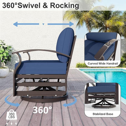 ALAULM Aluminum Patio Furniture Set with Coffee Table Rectangular, 7-seat Outdoor Sectional Furniture w/Swivel Chairs, Patio Conversation Set for Porch, Backyard, Poolside-Dark Blue