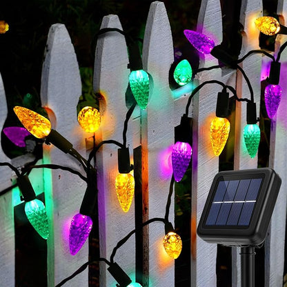 ReyeeInc Solar Mardi Gras Lights, Solar Powered Outdoor Waterproof String Lights with 39FT 100 Count C6 Strawberry Lights and 8 Modes for Outside Mardi Gras Tree Carnival Porch Fence Party Decors