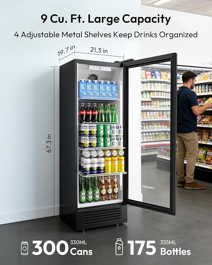 EUHOMY 9 Cu.Ft Commercial Beverage Refrigerator with Glass Door, Display Refrigerator LED Light & Adjustable Shelves, Commercial Refrigerator with Lock, Display Fridge for Bar, Office, Restaurant