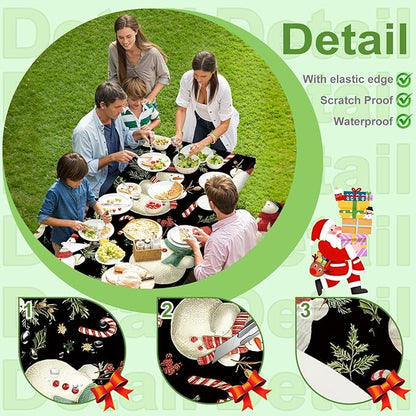 Christmas Picnic Table Cover with Table Cover, Elastic Tablecloth for Outdoor Picnic Table, Designed with Black Snowman and Candy Cane, Tablecloth for Camping, Barbecue and Holiday Parties