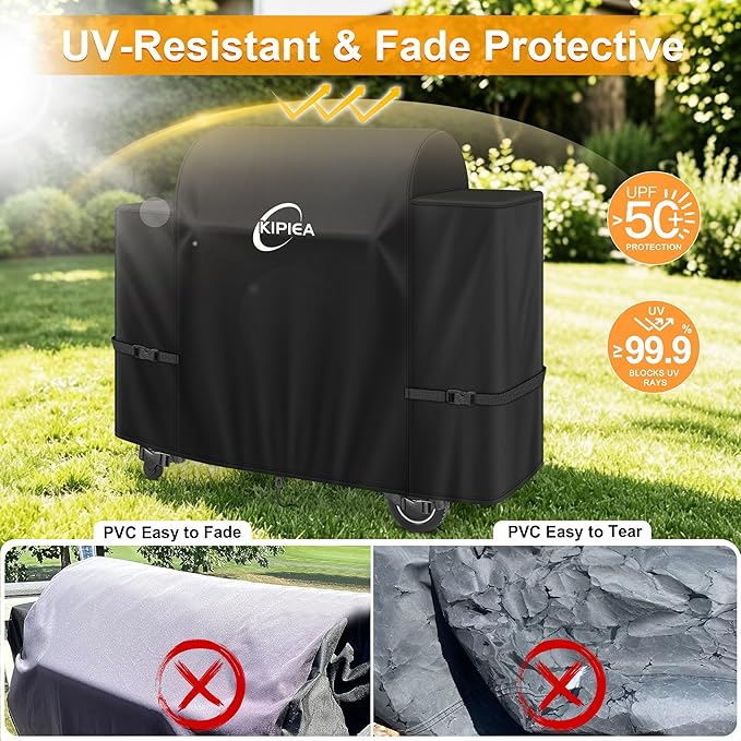Kipiea Heavy Duty Grill Cover for Traeger Ironwood 885, 600D Oxford Fabric Wood Pellet Smoker Covers Waterproof & Windproof, Pellet BBQ Grill Cover for Outside Anti-UV, No Tear, No Fading