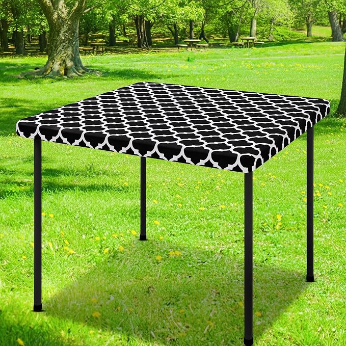 Smiry Picnic Fitted Table Cover, Square Flannel Backed Vinyl Tablecloth | Waterproof Elastic Stretch Table Cloth, Wipeable Plastic Tablecloth for Camping, Indoor & Outdoor (Black, 54" x 54")