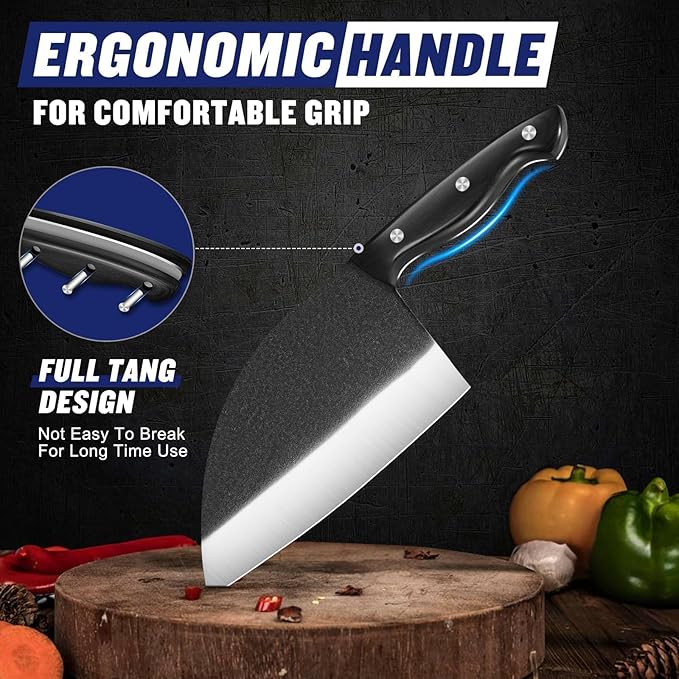 SSGP Butcher Knife Set of 3- Japanese Knife Set for Meat Cutting, Hand Forged Viking Knives Sets with Meat Cleaver, Heavy-Duty Kitchen Knives Sets for Bone BBQ Vegetable, Gifts for Men