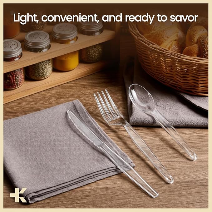 Bakken Disposable Cutlery Set 100 Pieces Knives, Heavy Duty Plastic Silverware, BPA-Free Food-Grade Materials, Heat-Resistant, Reusable Utensils for Parties, Catering, BBQs, and Everyday Use, Clear