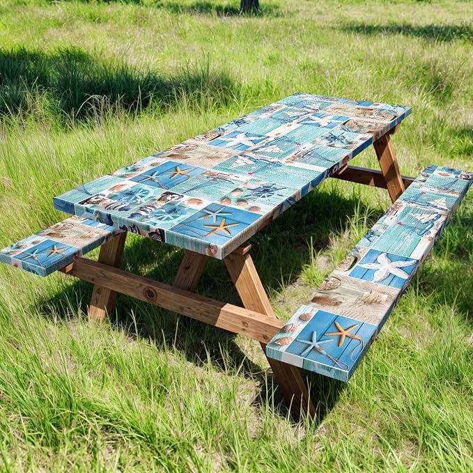 Picnic Table Cover with Bench Covers, Outdoor Camping Patio BBQ RV Essentials, Waterproof Windproof Camping Tablecloth with Drawstring Bag, Fitted Rectangle Tables and Seats, 72in, Nautical