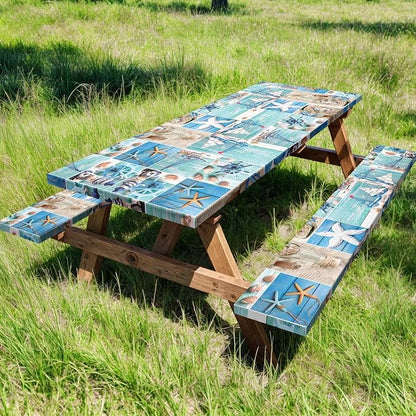 Picnic Table Cover with Bench Covers, Outdoor Camping Patio BBQ RV Essentials, Waterproof Windproof Camping Tablecloth with Drawstring Bag, Fitted Rectangle Tables and Seats, 72in, Nautical