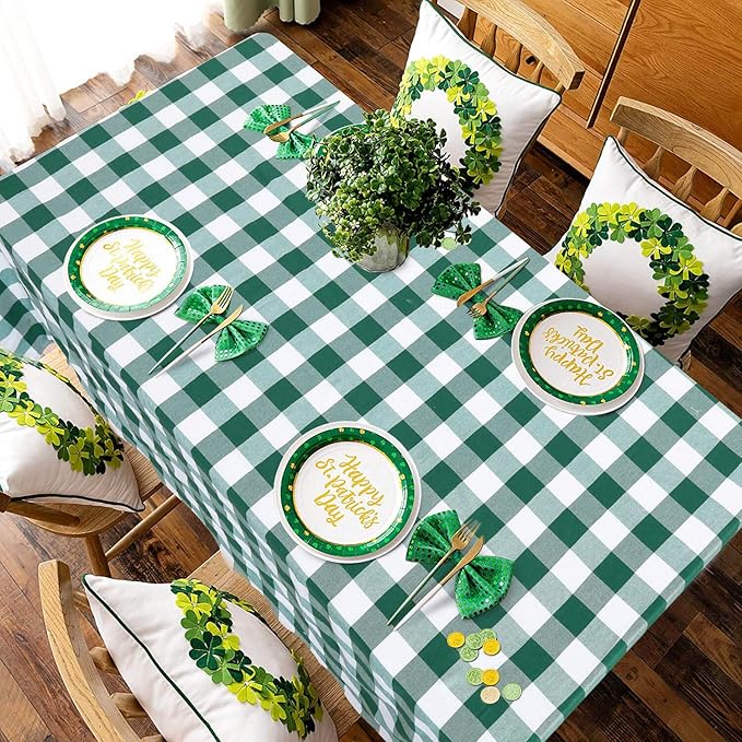 B-COOL Plaid Tablecloth Green White Easter St Patricks Day Checker Table Cloth Buffalo Rectangle Desk Cloth for Party Festival Indoor Outdoor Picnic Dinner Decor 56x120 Inch
