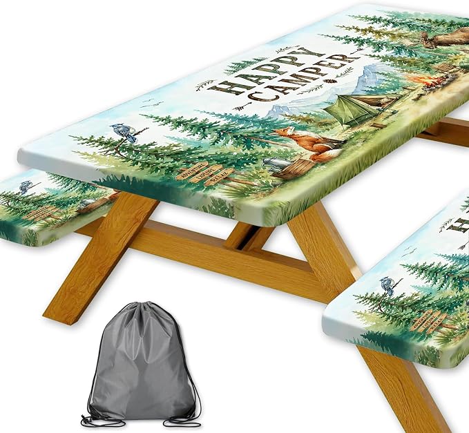 Picnic Table Cover with Bench Covers and Bag, Wildlife Animals Forest Mountain Waterproof Elastic Fitted Tablecloths for Rectangle Tables, Washable Tablecloth for Camping, Outdoor, 3 Pcs, 30x72 Inch