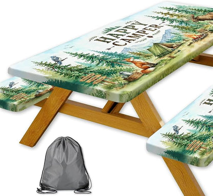 Picnic Table Cover with Bench Covers and Bag, Wildlife Animals Forest Mountain Waterproof Elastic Fitted Tablecloths for Rectangle Tables, Washable Tablecloth for Camping, Outdoor, 3 Pcs, 30x72 Inch