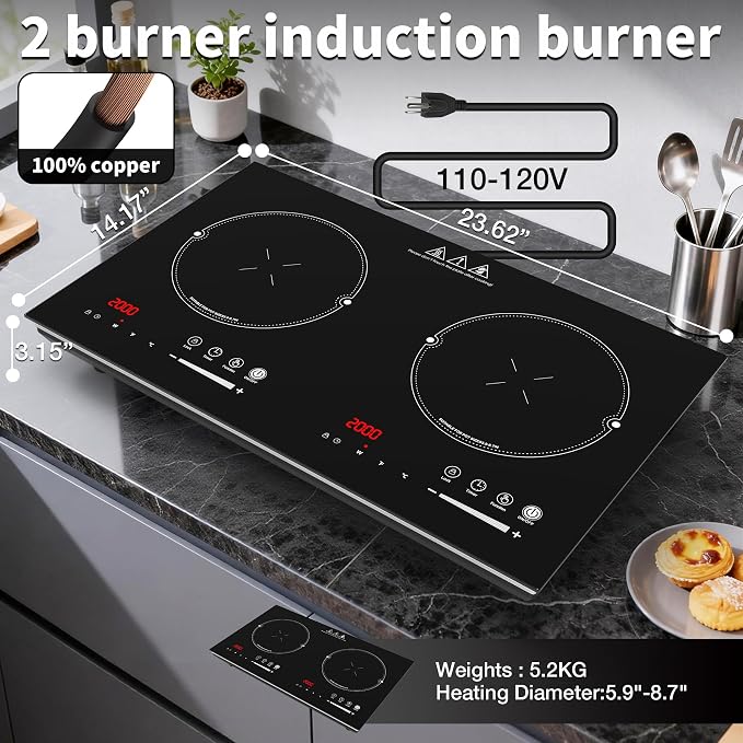 VBGK 2 burner induction cooktop,110V 4000W 2 burner induction plate with Brushed Panel LED touch Control, induction stove top with 10 Power Levels, Kids Lock & 4H Timer