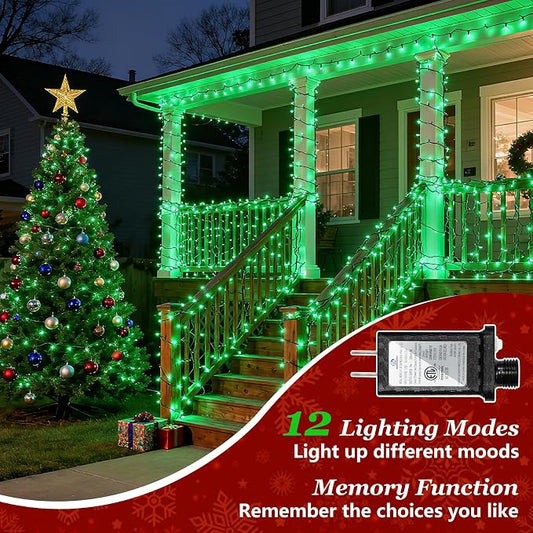 Christmas Tree String Lights Green Wire 75FT 300 LED Green | Dimmable, 12 Light Styles, Memory Timer, Waterproof, 29V Safe Low Voltage, Diamond-Faceted LED, Energy Efficiency