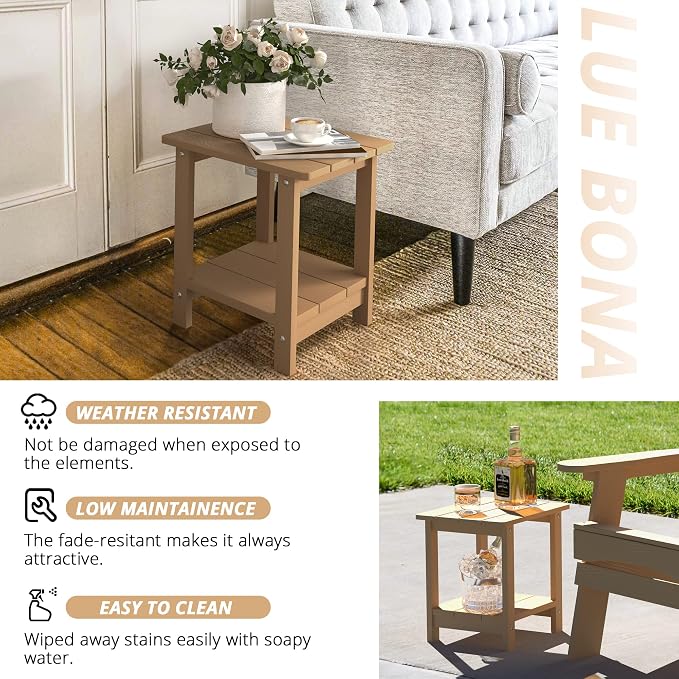 LUE BONA Outdoor Side Table, 2-Tier HDPS Small Patio Table, Brown | 2-Tier Shelf for Extra Storage, Small End Table for Pool, Porch, Balcony, Weather Resistant HDPS, Easy Clean