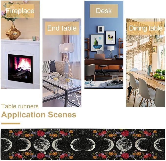 Boho Moonlit Garden Flower Table Runner,Moon Phase Floral Long Table Runner Cover for Wedding Kitchen Party Holiday Dining Home Everyday 13x60 Inch